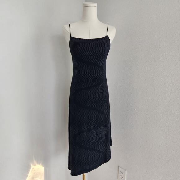 90s Breakin’ Loose Black Glitter Squiggle Slip Midi Dress Spaghetti Strap S - Picture 1 of 11